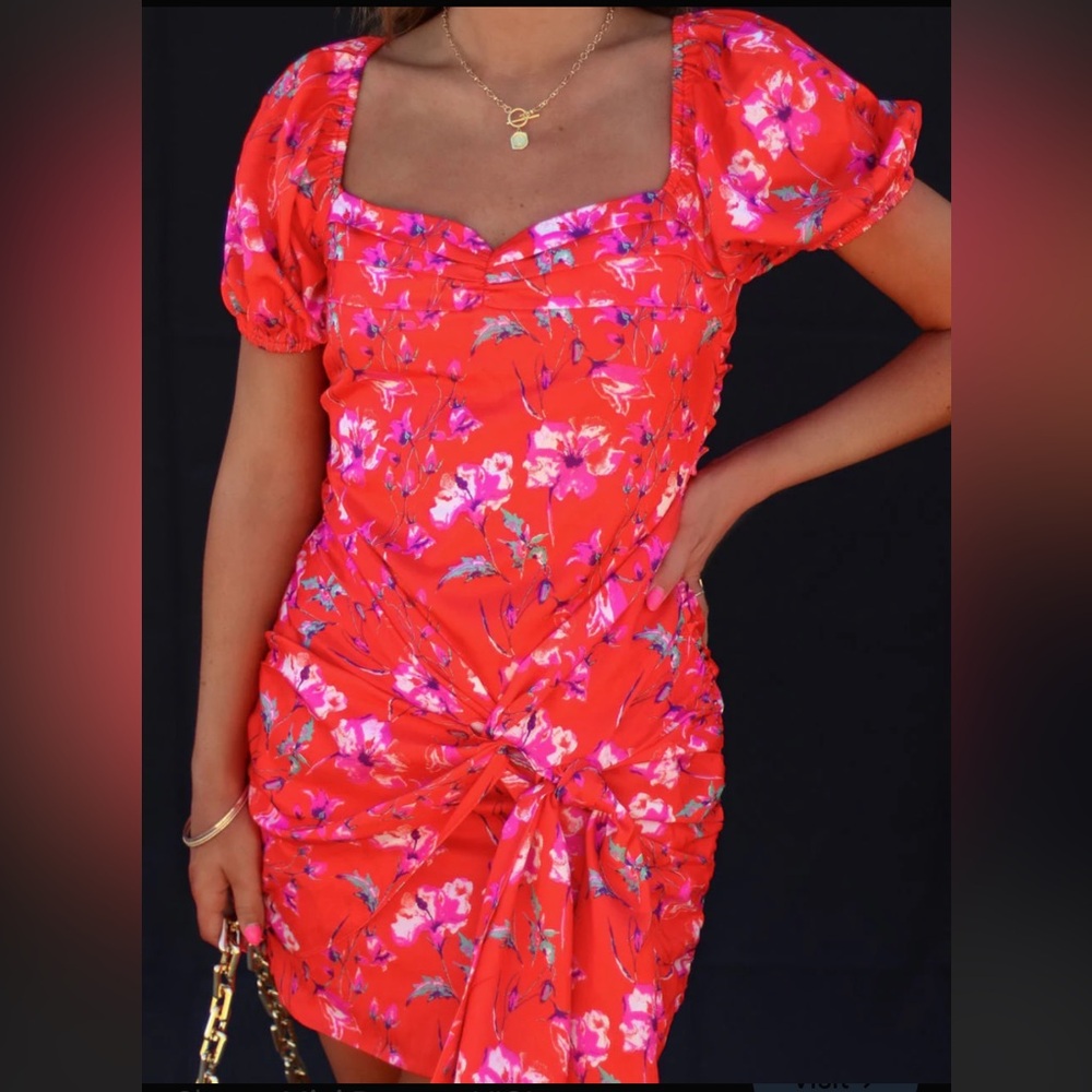 Dee Elly Satin Floral Puff Sleeve Mini Dress